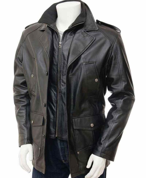 Men's High Neck Collar Black Peacoat